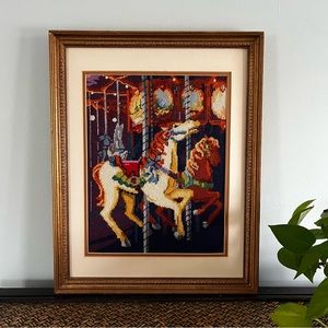 Vintage Needlepoint Carousel Horses Rainbow Framed No Glass 80s Handcrafted